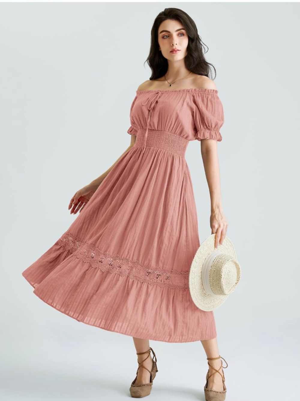 Smocked Off-Shoulder Maxi Dress in Rose Wedding Guest